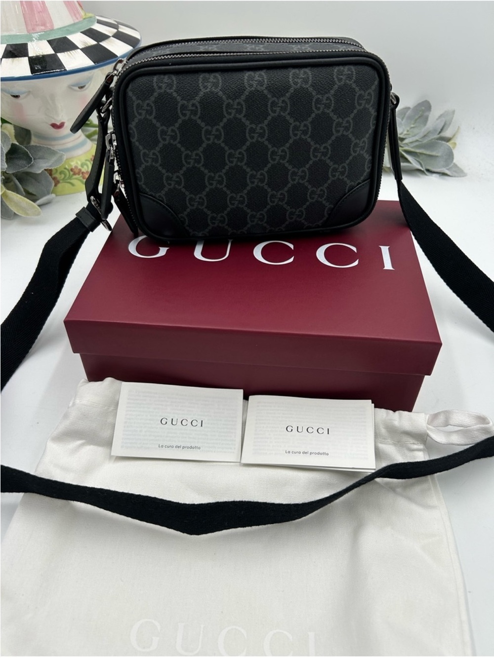 Unisex Gucci Black/Grey GG Monogram Crossbody Camera Bag. NWT